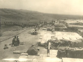 View of excavations of Phaistos palace, Italian archaeological mission led by Luigi Pernier and Federico Halbherr, Crete, Greece