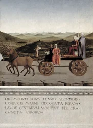 Triumph of Battista Sforza, Duchess of Urbino. Battista and her handmaiden, two Theological Virtues and a nun are drawn in a triumphal car by two brown unicorns, after 1472 (detail)