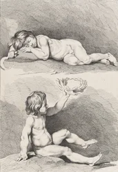 Two nude children, one sleeping and the other holding a wreath, from New Book of Children, 1720-60