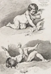 Two nude children playing with a leaf, from New Book of Children