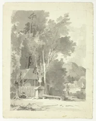 Classical Urn in Front of a Shed, with Temple and Mountain in Background