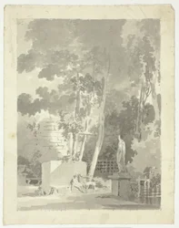 View of the Park at Versailles: Two Figures on a Bench in a Clearing, Female Statue Nearby