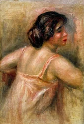Three-Quarter Woman. She is Dressed in a Pink Outfit and Has a Bun. Painting by Pierre Auguste Renoir (1841-1919).