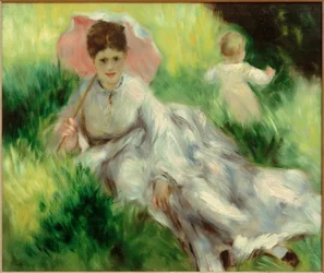 Woman with Parasol and Child on a Sunny Slope