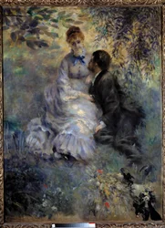 Lovers. Couple sitting in a garden. Painting by Pierre-Auguste Renoir (1841-1919)