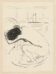 Naked Woman Squatting in a Tub and Washing Herself