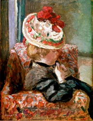 The Straw Hat Woman Sitting on a Flower Couch