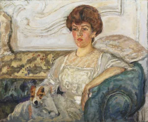 Woman on a blue sofa