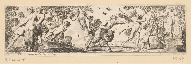 Satyr Shoots an Arrow at a Statue of Bacchus While Mercury Watches