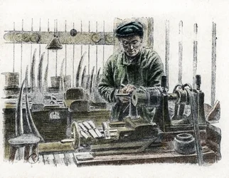 An Ivory worker carving elephant tusks at work in his workshop Engraving from 