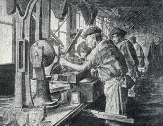 Cutting workshop at the crystal glass manufacture in Sevres near Paris Engraving from 