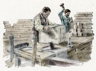 Savonnerie: the cutting of soap bars (manufacture of bars of soap) Engraving from 