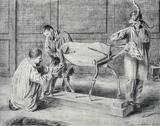 Taxidermy: taxidermists preparing the artificial skeleton in the workshop Engraving from “Excursion a travers les metiers” by Pierre Calmette Collection privee