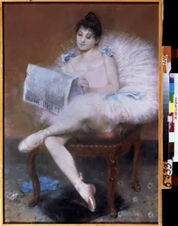 Sitting ballet dancer. Ballerina in tutu reading 