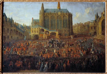Departure of Louis XV after the bed of justice breaking the will of Louis XIV, held in the Grand Chamber of the Parliament of Paris