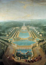 Perspective view of the castle of Marly, King Louis XV (1710-1774) child in carriage passes in front of the watering trough