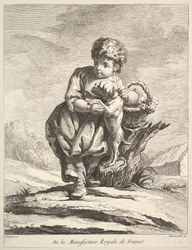 Child with a dog, holding a basket of grapes, from Premier Livre de Figures