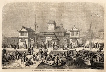 The Shanghai Customs Building, drawing by Grandsire, to illustrate the voyage to China and Japan, in 1857-1858, of the Marquis de Moges. Engraving in Le tour du monde, nouveau journal des voyages Paris