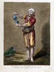Seller of coffee in the streets, "Collection of 100 prints representing different nations of the Levant in 1707 and 1708", by order of M. de Ferriol, ambassador of the king at the Porte, and updated in 1712-13 through the care of M. Le Hay, Basan