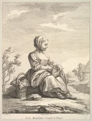 Little girl holding grapes with a basket of them by her side, from Deuxième Livre de..., after 1757