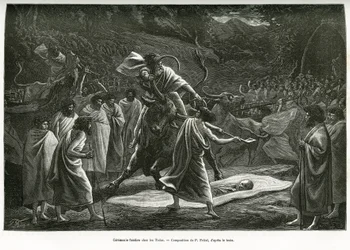 A funeral ceremony for the Todas, a small pastoral community in the Nilgiri plateau (South India), during the funeral, cattle are sacrificed. Engraving by P.Fritel, to illustrate the recital souvenirs of a voyage to the Nilgherries, by Madame Janssen, in 1