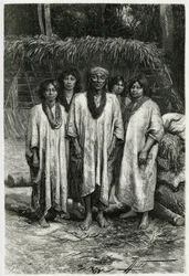 Chief Lacandon and Lacandon types, Mayan people living in the jungles of Chiapas (Mexico). Engraving by P. Fritel, to illustrate the story 