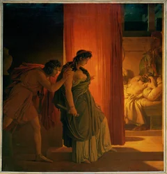 Clytemnestra, hesitating before killing her sleeping husband