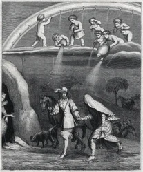 Aeneas and Dido surprised by the rain in the forest. Illustration of 