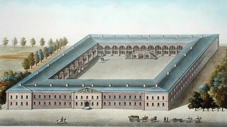 Infantry Barracks at Ypres, from Choix des Monuments, Edifices et Maisons les plus remarquables du Royaume des Pays-Bas by Pierre Jacques Goetghebuer, engraved W. Lobry, published 1827