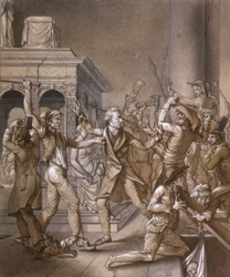 Alexandre Lenoir opposed to the revolutionaries when they want to destroy the grave of French King Louis XII at the Saint Denis royal basilica in 1793, at the time of the French Revolution