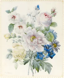 A Bunch of Flowers including a Peony, Roses, Hibiscus, Asters, Gentian and an Imaginary Blue Butterfly