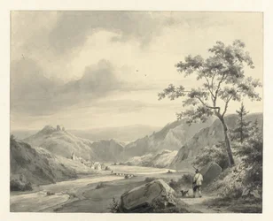 Hilly Landscape with Hunter and Dog on Path