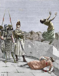 Ismaili sect of the east or murderers founded by Hassan ibn al-Sabbah (1036-1124), known as the old man of the Mountain, rep ordering two of his fanatic followers to kill themselves, Alamut, Persia, around 1096 (Nizari Ismailism: representation of Hassan