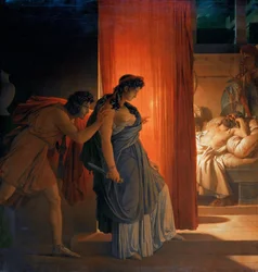 Clytemnestra hesitates before killing the sleeping Agamemnon