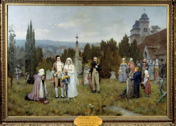 Wedding Scene, the young brides gather on the grave of the deceased father of one of the young brides