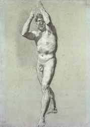 Study of a man, with two arms raised over the head, turned slightly to the left