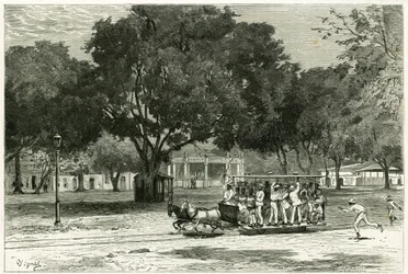 Tram, shooting by horses, in the port of Para (Brazil), on the largo of Nazareth. Engraving by Vignal, to illustrate the story Amazon and Cordilleres