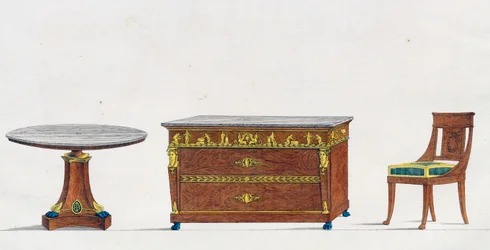Mahogany table, chest of drawers and chair, plate 241, illustration from Collection of furniture and objects of taste