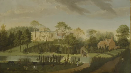 View of the terrace looking across the canal to the side of the villa, Chiswick Villa