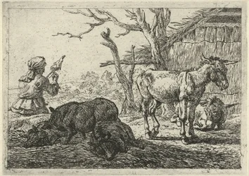 Spinning Woman, Pigs, and Donkeys (Various Animals)