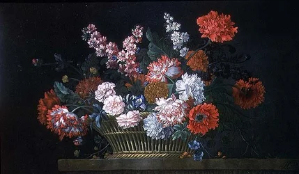 Still Life of Carnations, Stocks, Peonies, Convolvulus and Other Flowers in a Basket Resting on a Stone Ledge