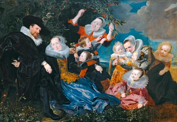 Paulus van Beresteyn and his wife Catarina Both van der Eem with their six children and two servants