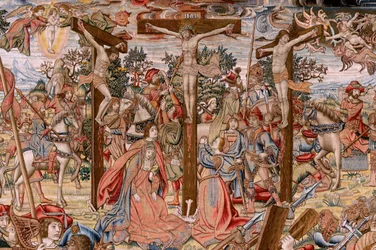 Flemish tapestry. Series The Passion of Christ; the Way to Calvary and the Encounter with Veronica (Camino del Calvario y encuentro con la Verónica). First tapestry of those kept by National Heritage. Model cartoonists from the circle of Jan van Roome and
