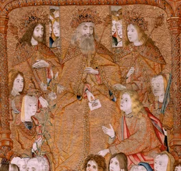 Triumphs of the Mother or Paños de Oro. God send the Arcangel Gabriel. First tapestry in the series. Ca 1500-1502