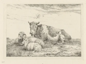 Sleeping Cow with Sheep and Lamb