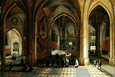 The Interior of a Gothic Cathedral with a Procession