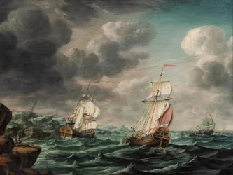 A Dutch Man-o’-War and Trading Vessels off a Rocky Headland