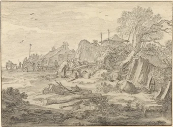 A Farmyard with Men Repairing a Wheel