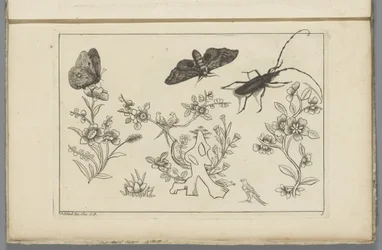 Three flower branches with birds, butterflies, and an insect