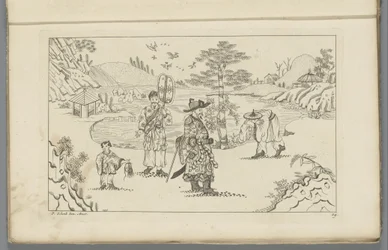 Four Chinese Figures in a Landscape (series title: Newly Invented Chinese Figures with Great Effort Drawn and Published by P. Schenk Jun, Second Part)